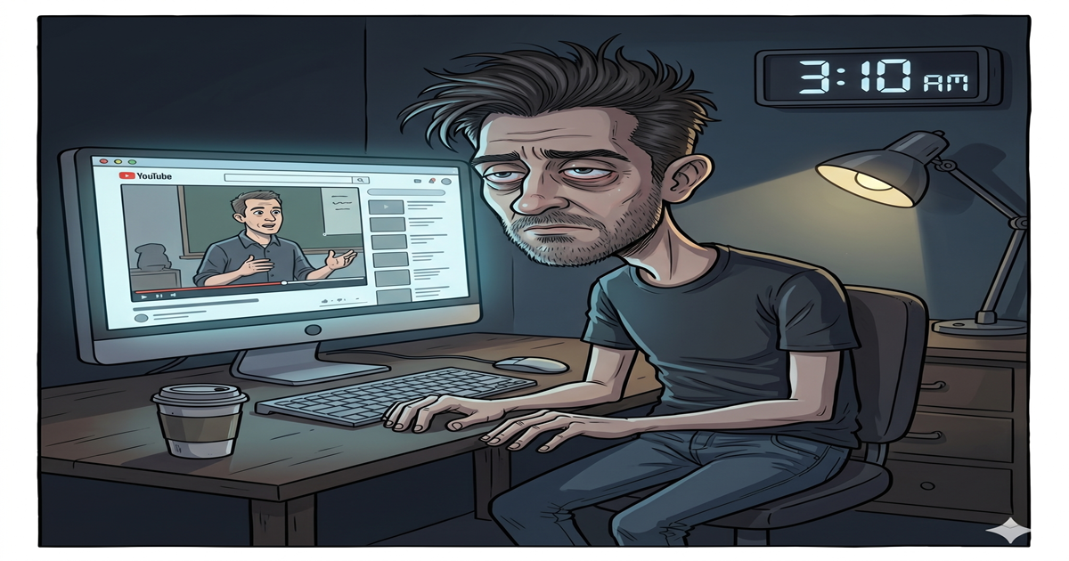 Cartoon illustration of an exhausted man with messy hair and stubble sitting at a desk at 3:10 AM. He is staring glazed-eyed at a glowing desktop monitor, which shows a paused YouTube educational video. The dark room is only lit by the monitor and a desk