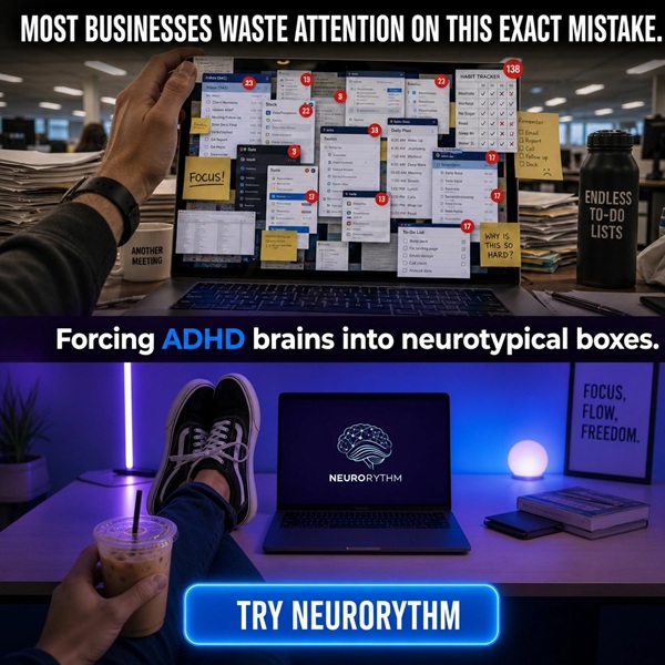 A two-panel comparison graphic. The top panel shows a chaotic, cluttered laptop screen filled with notifications, badges, and sticky notes, representing standard neurotypical productivity software. The bottom panel shows a clean, minimal workspace with a laptop displaying the NeuroRythm brain logo, lit by a calm blue glow. Text reads: 'Most businesses waste attention on this exact mistake. Forcing ADHD brains into neurotypical boxes. Try NeuroRythm.'