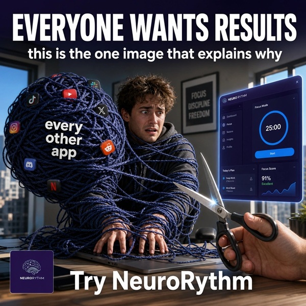 A conceptual illustration showing a distressed young man at a desk, completely entangled by a large ball of blue yarn labeled 'every other app' and covered with social media and distraction icons (TikTok, YouTube, Netflix). Next to him, a clean computer s