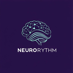 The official logo for NeuroRythm, featuring a stylized brain icon in a light cyan hue on a dark purple background. The top half of the brain illustrates a connected, glowing neural network, while the bottom half consists of rhythmic, flowing waves. The brand name 'NEURORYTHM' is written cleanly in white capital letters underneath the graphic.