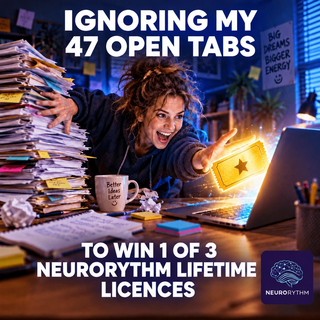 An excited woman reaches toward a glowing golden ticket emerging from her laptop screen, ignoring a towering stack of disorganized papers on her desk. Bold text across the image reads "IGNORING MY 47 OPEN TABS TO WIN 1 OF 3 NEURORYTHM LIFETIME LICENCES" a